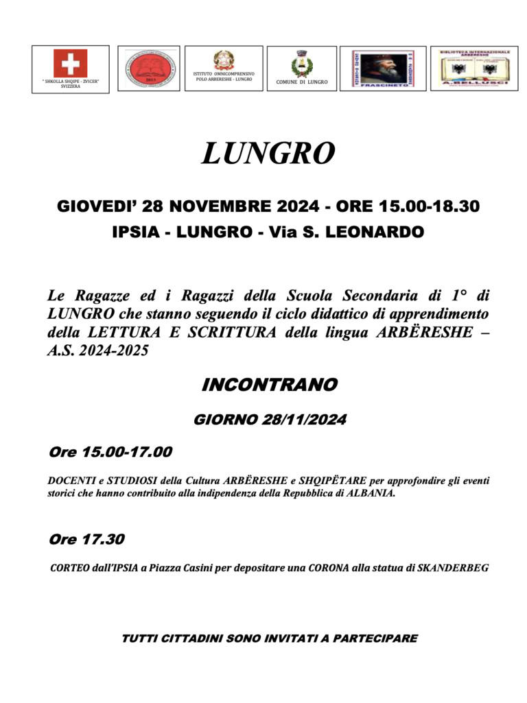 INCONTRO GIOVEDI’ 28 NOVEMBRE 2024 – ORE 15.00-18.30 ARBERESHE – SKIP